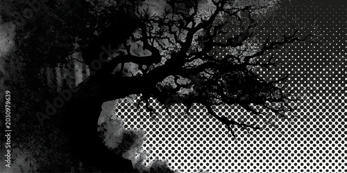 Fotografie Spooky Halloween Tree Silhouette with Skull Grunge Background