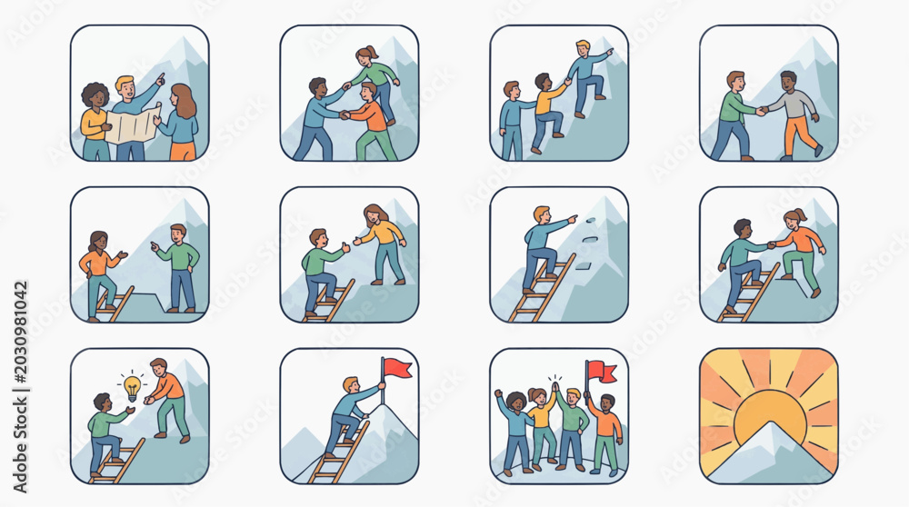 Fototapeta premium Teamwork and Business Success Concept Icons Set for Goal Achievement