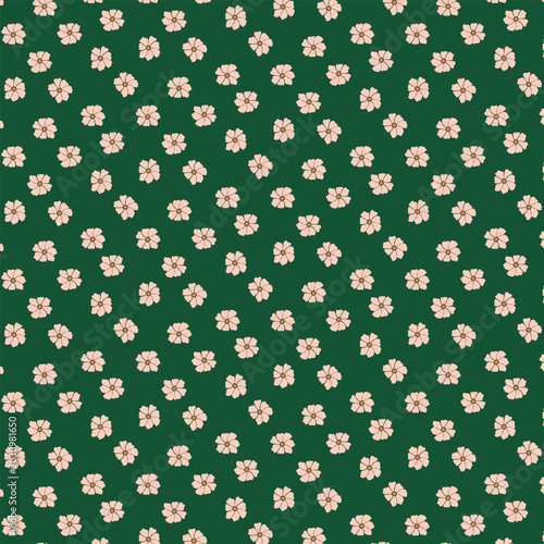 Seamless Floral Pattern with Small Pink Flowers on Dark Green Background