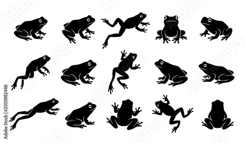 Quadro su tela Set of Frog Silhouettes in Jumping and Sitting Poses Minimalist Vector Illustrat