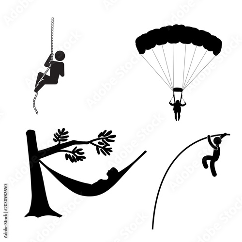 Slika na platnu Outdoor recreation silhouette set featuring a zipline rider, parachutist, person relaxing in a hammock, and a pole vaulter