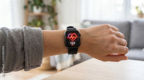 A clean, modern lifestyle photo focusing on a person's wrist wearing a sleek, dark smart watch
