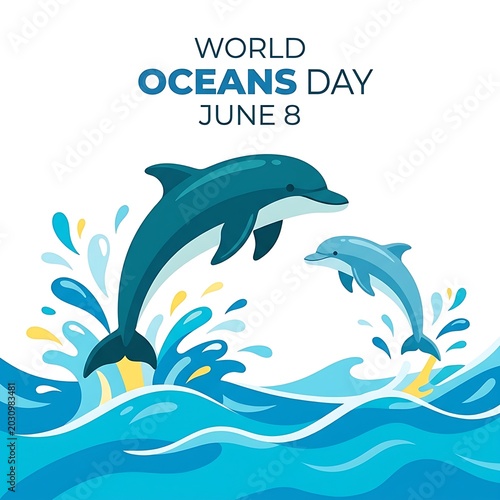 Promotional marine conservation banner with bold text and creative dolphin illustrations celebrating World Oceans Day on June 8.
