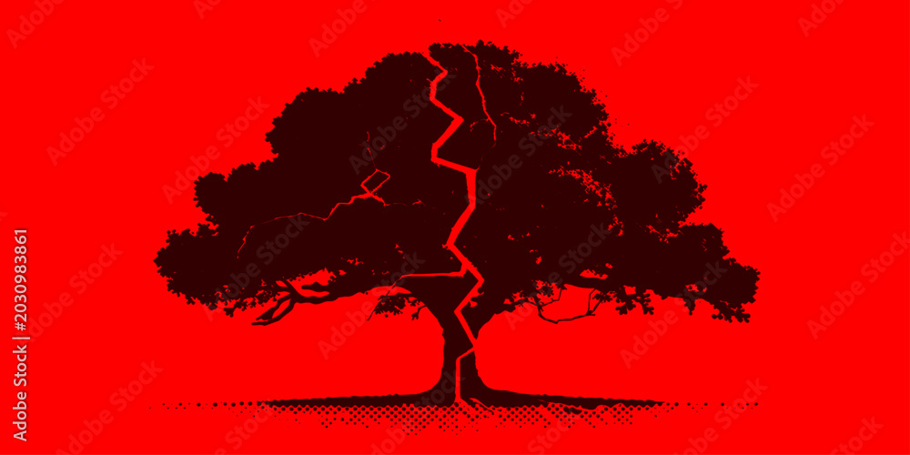 Fototapeta premium Tree silhouette vector illustration with grunge style nature design, map inspired pattern, black silhouette art with red and symbolic country elements and decorative floral accents