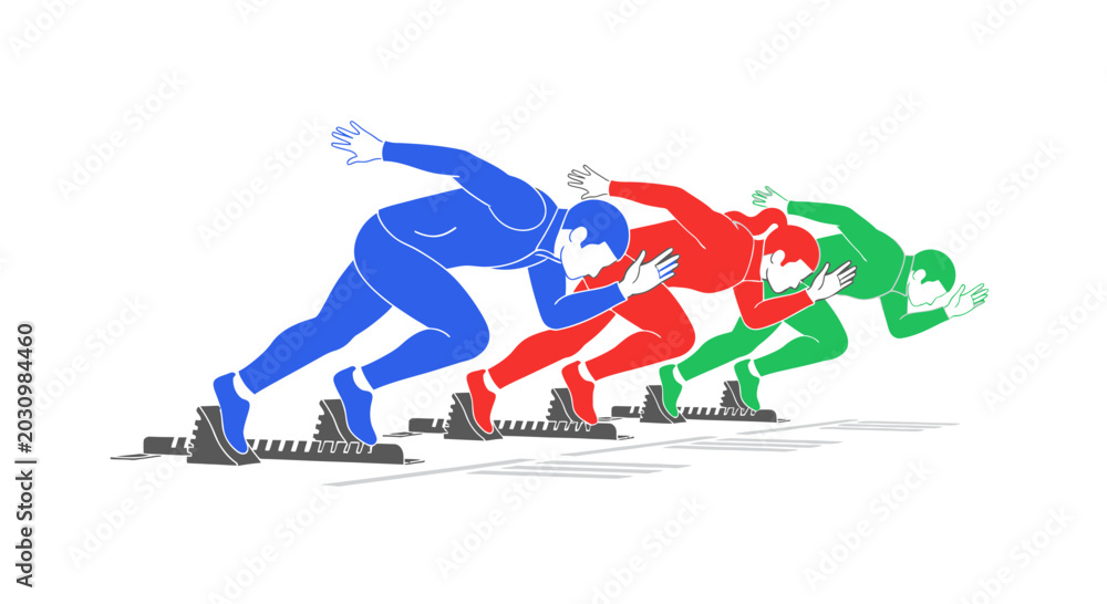Fototapeta premium Athletes Sprinting from Starting Blocks, Team Race Competition, Dynamic Movement