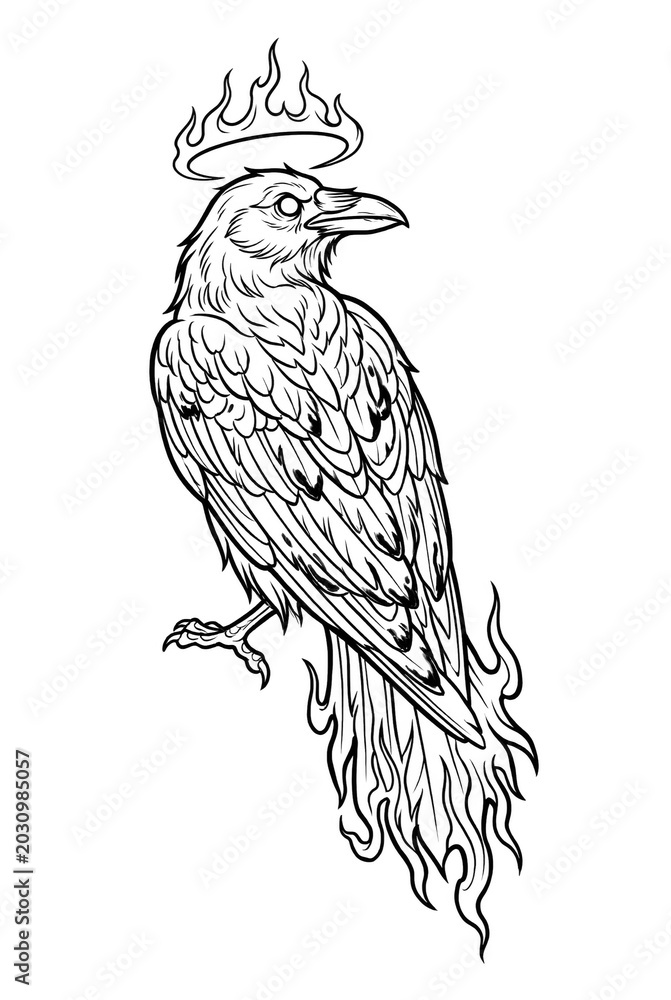 Obraz premium Raven with Flaming Halo and Fire Tail Black and White Coloring Page