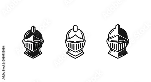 Three Medieval Knight Helmets Black and White Icons.