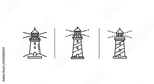 Illustrated Lighthouse Icons in Simple Line Art Style.
