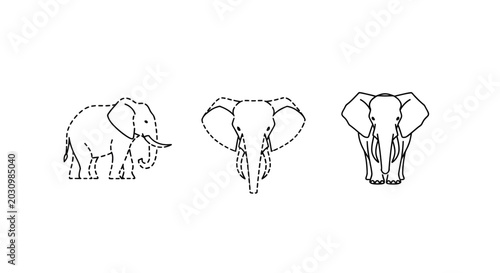 Three unique geometric line art elephant illustrations.