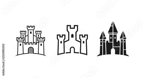 Three unique black and white castle illustrations line art.