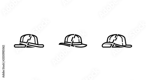 Three simple black and white line art hard hats.