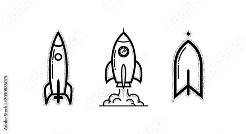 Three stylized rocket ship icons in minimalist line art design.