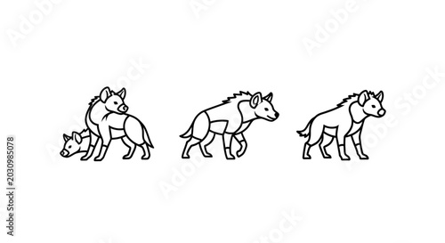 Illustrated sequence of playful stylized hyena characters.