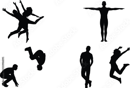 Canvas-taulu Silhouette collection of people in dynamic action poses including jumping, danci