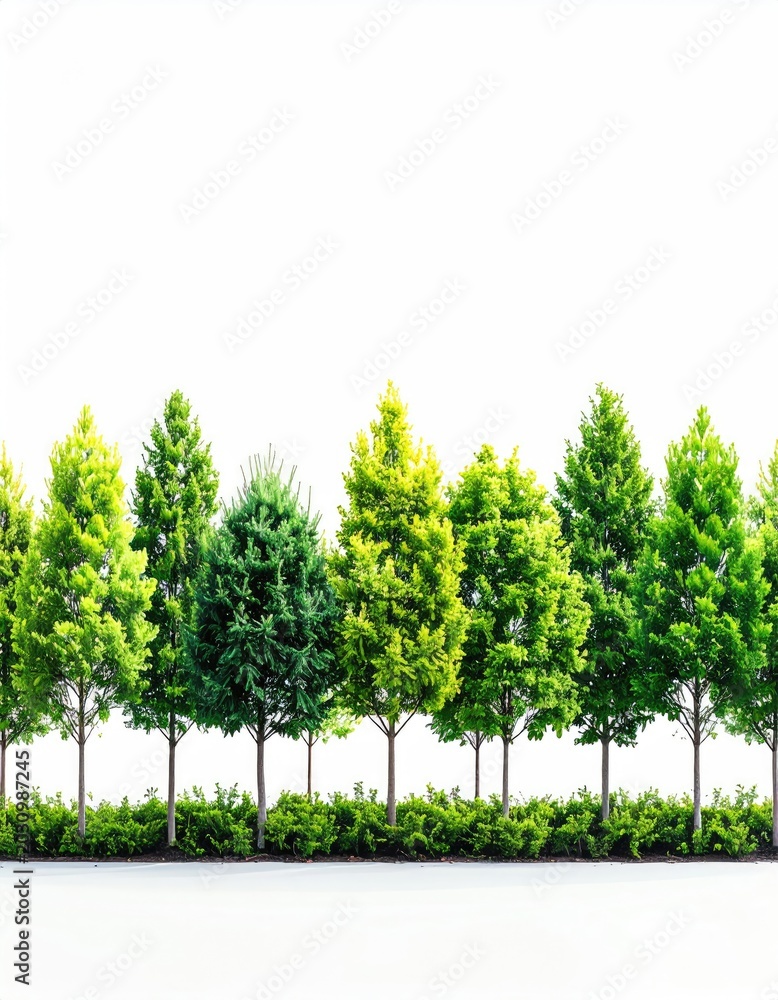 Obraz premium Row of vibrant green trees against a clean white background