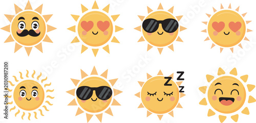 Photos Cute, sun character set featuring emoji expressions including sunglasses, hearts