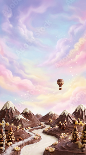 A miniature chocolate fantasy landscape with chocolate mountains and a milk river at the bottom of the frame.