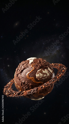 chocolate planet with a chocolate ring, illustrating chocolate in space themes