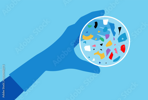 Microplastic particles in petri dish. Scientist hand holding plastic waste sample for environmental research. Pollution and contamination concept. Simplicity vector illustration