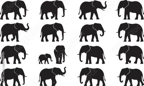 Canvas Print Elephant silhouette collection with wildlife animal icons and vector safari mamm