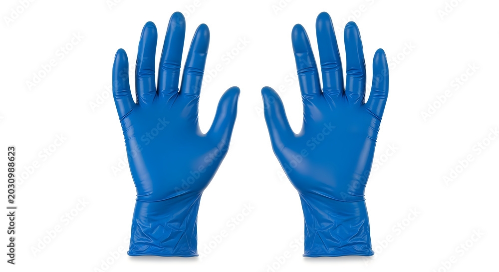 Fototapeta premium Pair of blue nitrile medical gloves isolated on white background for hygiene.