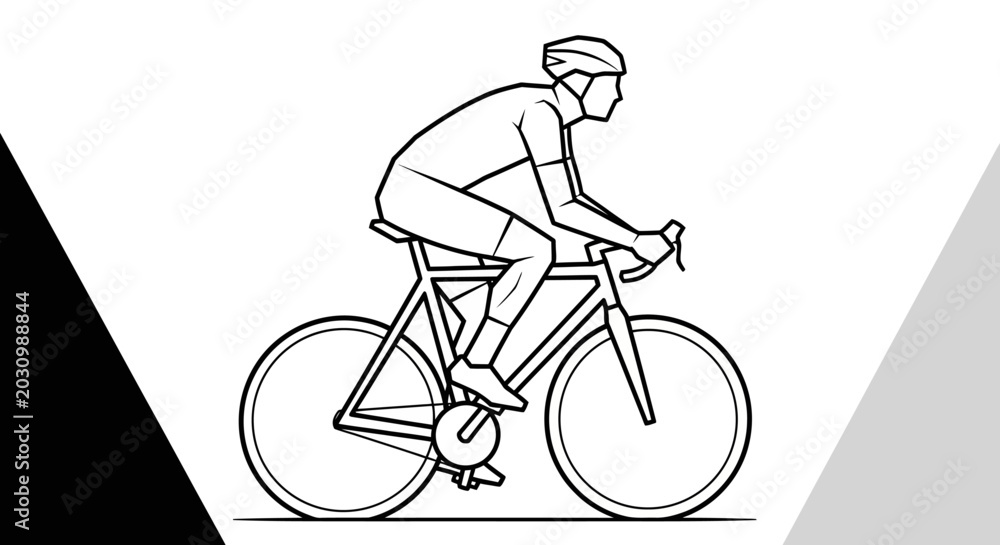 Fototapeta premium A black and white line drawing of a cyclist riding a bicycle with a helmet on