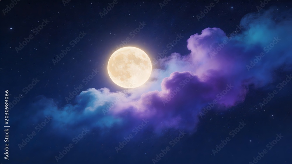Fototapeta premium Full moon in starry sky with colorful clouds