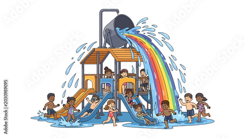 Summer Fun at the Waterpark: A vibrant illustration depicts children joyfully splashing and sliding down a colorful water slide, with a giant bucket pouring a rainbow of water onto the structure.