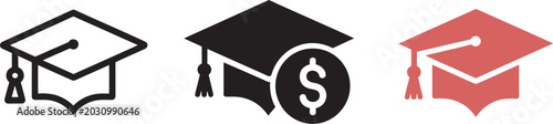 Graduation, cap icon set with dollar symbol representing education funding, scholarships, tuition costs, and financial study concepts in clean vector style ideal for academic and finance related 