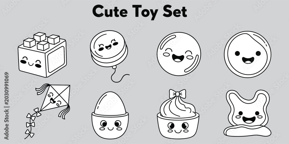 Fototapeta premium Kawaii toy set with building blocks balloons and kites in a simple vector silhouette style