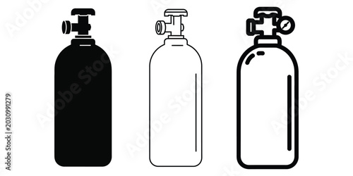 Scuba Tank Silhouettes in Black and White with Outline for Diving Equipment Concepts
