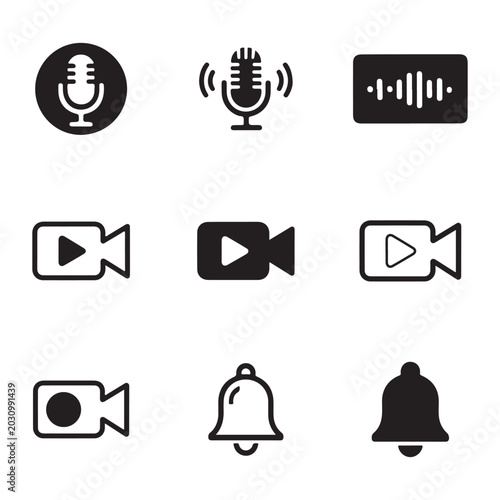 Audio microphone video camera and bell notifications icons vector