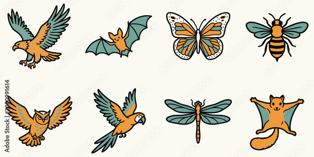 Obraz premium Various flying animals in silhouette style on a light background