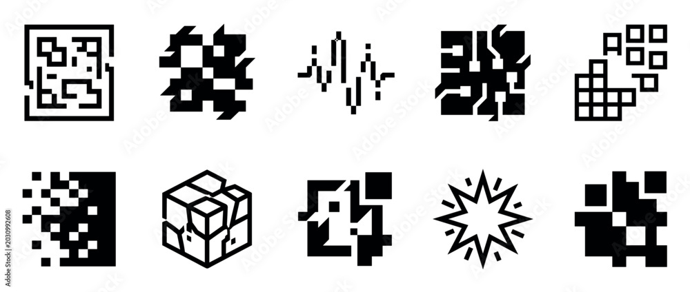 Fototapeta premium Collection of ten black minimalist glyph icons with a geometric, pixelated style illustrating abstract concepts of technology, data, glitch effects, and digital transformation