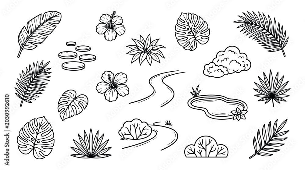 Fototapeta premium Set of hand-drawn tropical nature elements including palm leaves, monstera, hibiscus flowers, and garden path icons in a clean black and white line art doodle style collection