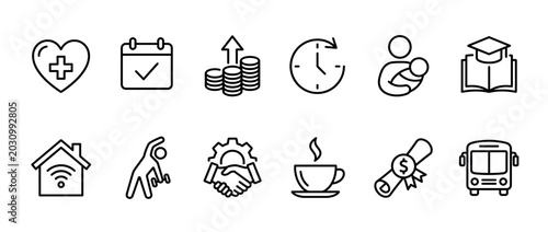 Collection of thin line icons illustrating corporate perks and employee benefits such as healthcare, remote work, education, financial bonuses, and flexible work hours
