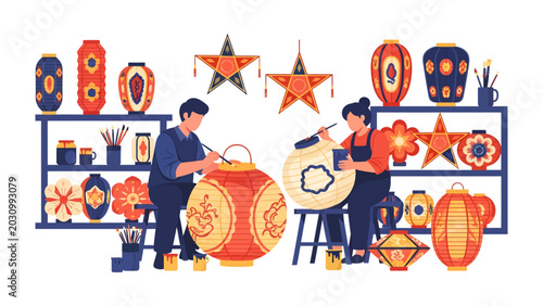 Canvas Print Lantern Craftsmanship: Two artisans meticulously paint traditional lanterns, surrounded by a colorful array of handcrafted decorations, showcasing the vibrant artistry of cultural crafts