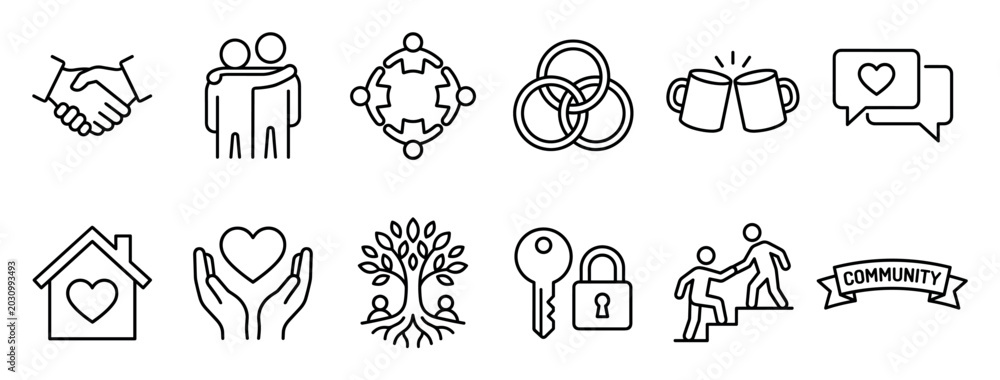 Fototapeta premium Set of black line art icons representing community, friendship, teamwork, and love, including symbols for handshake, support, unity, family, and charity in a clean minimalist style