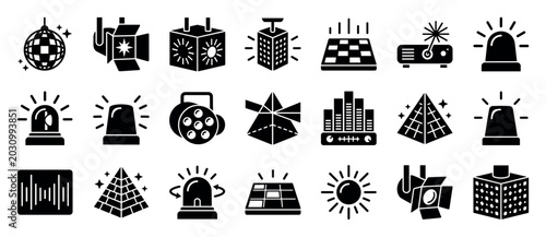Diverse set of black glyph icons representing party and stage lighting equipment, including a disco ball, spotlights, laser projector, siren, and equalizer for entertainment concepts
