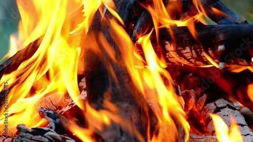 Close up of burning bonfire with bright orange flames and logs
