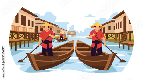 Photography Floating Village Life: Two men in traditional conical hats navigate wooden boats through a tranquil canal lined with stilted houses, depicting a serene daily life in a water village scene
