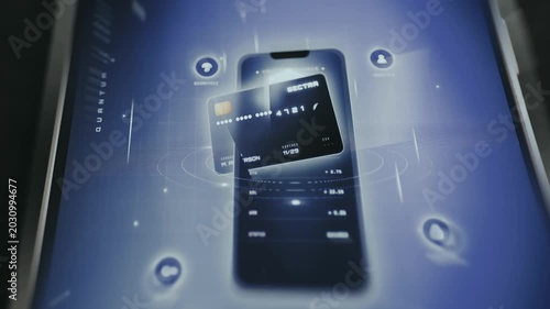 Futuristic banking application UI with security features including biometric authentication methods