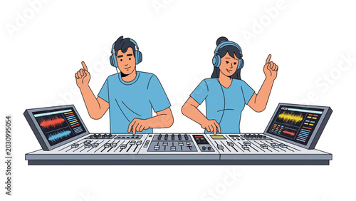 Cuadro en lienzo Audio Engineers at Work: Two audio engineers, wearing headphones and wearing blue t-shirts, are standing behind a large mixing console with two monitors displaying waveform, pointing fingers upwards