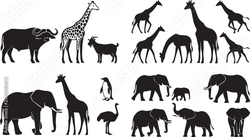 Canvas Print Safari wildlife animal silhouette collection with elephants giraffes buffalo an