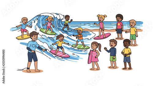 Photography Surfing Lesson Fun: A group of diverse children enjoy a vibrant surfing lesson on a sunny beach, learning to ride the waves under the guidance of an instructor