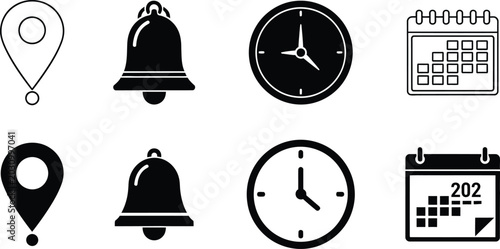 black and white icons of clocks and calendars