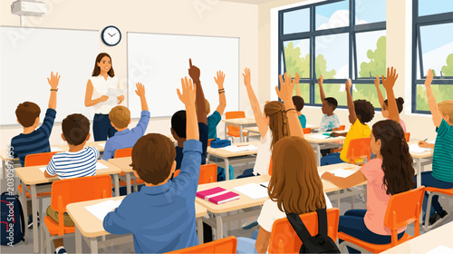 Photos the students raised their hands, students compete to answer the teacher's questi