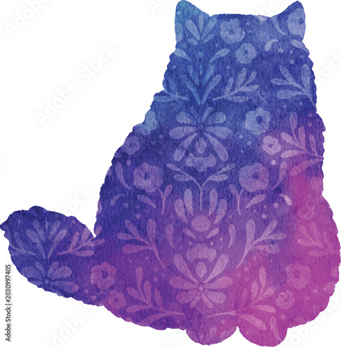Cute watercolor long hair cat silhouette in blue with flower texture
