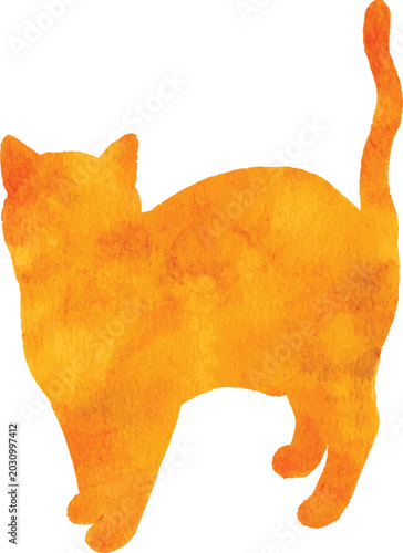 Cute watercolor cat silhouette in orange color