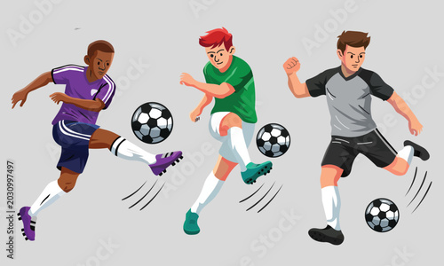 Three soccer players kicking balls in dynamic motion on white background, vector 